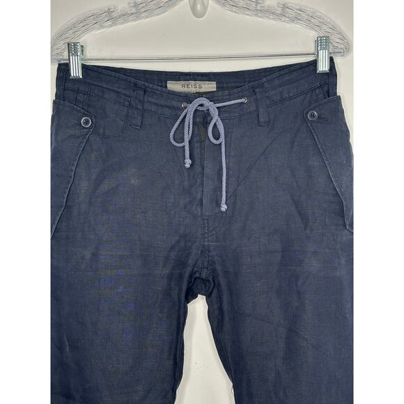 Reiss Navy Blue women's cargo 100% linen casual drawstring cropped pants size 28 - Picture 2 of 9